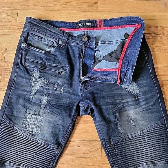 Makobi‎ Prado Biker Rip Repair Moto Jeans Blue Dark Wash Low Rise Straight Leg - Picture 4 of 11